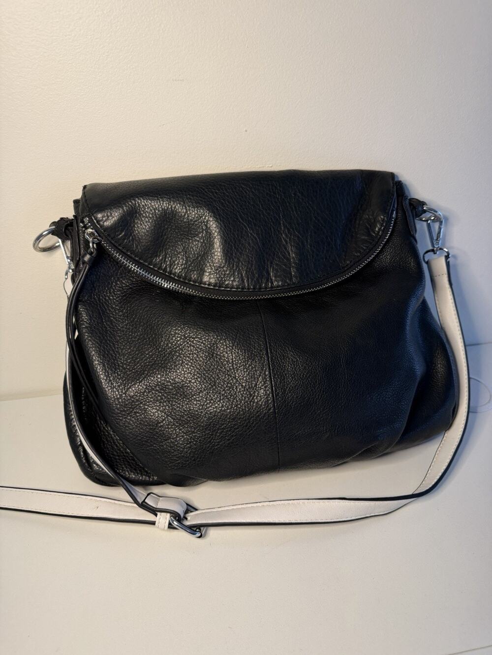 Margot Natalie Black Pebbled Leather Fold Over Shoulder Crossbody Bag Purse Hobo